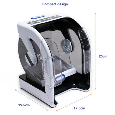 Produktabbildung eines kompakten Designs mit den Massen: Höhe 25 cm, Breite 19,5 cm, Tiefe 17,5 cm. Sichtbare Bedienelemente oben und transparente Seitenwände.