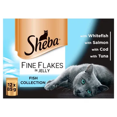 Sheba Fine Flakes in Jelly Fish Collection, 12 x 85g. With whitefish, salmon, cod, tuna. Image shows a grey cat and product branding.
