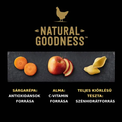 NATURAL GOODNESS. Sárgarépa: antioxidánsok forrása. Alma: C-vitamin forrása. Teljes kiőrlésű tészta: szénhidrátforrás.