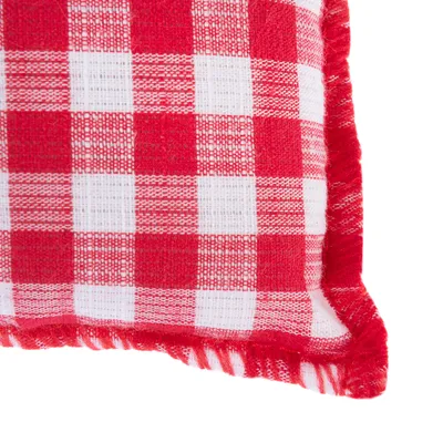 Punainen ja valkoinen tyyny ruudullisella kuviolla ja hapsuilla reunoissa.