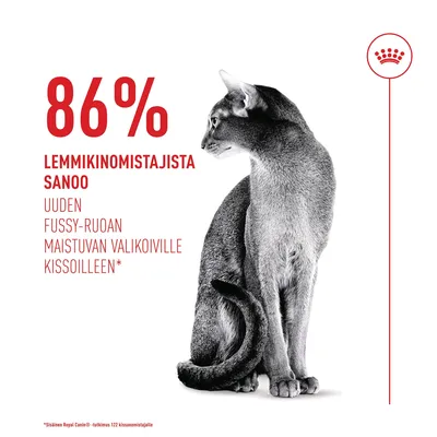 86 % lemmikinomistajista kertoo, että uusi Fussy-ruoka maistuu nirsoille kissoille. Royal Caninin sisäinen tutkimus, jossa oli mukana 122 kissanomistajaa. 86 % lemmikinomistajista kertoo, että uusi Fussy-ruoka maistuu nirsoille kissoille. Royal Caninin sisäinen tutkimus, jossa oli mukana 122 kissanomistajaa.