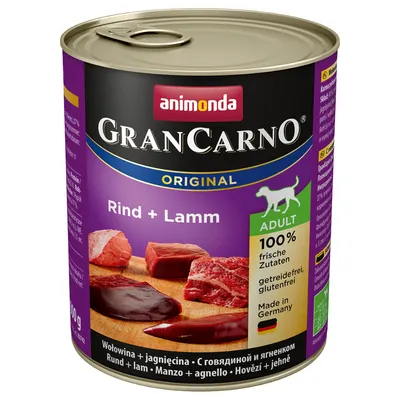animonda GranCarno Original Rind + Lamm, Adult, 100 % frische Zutaten, viljaton, gluteeniton, Made in Germany. Purkki koiran märkäruokaa, paino 800 g.