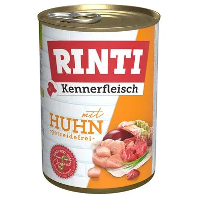 RINTI Kennerfleisch mit Huhn, getreidefrei. Afbeelding van stukjes kip en vlees op het etiket. Rood zegel: Echt seit 1983 Original.