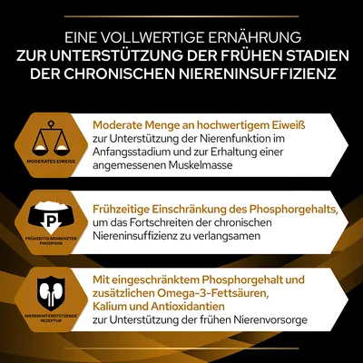 Eine vollwertige Ernährung zur Unterstützung der frühen Stadien der chronischen Niereninsuffizienz. Moderates Eiweiss, begrenzter Phosphorgehalt, Omega-3-Fettsäuren und Antioxidantien.