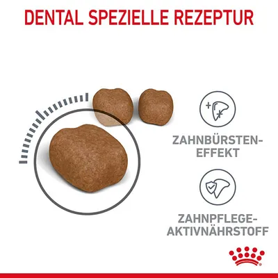 Texte en allemand : DENTAL SPEZIELLE REZEPTUR, ZAHNBÜRSTEN-EFFEKT, ZAHNPFLEGE-AKTIVNÄHRSTOFF. Trois croquettes marron et deux pictogrammes dentaires visibles.