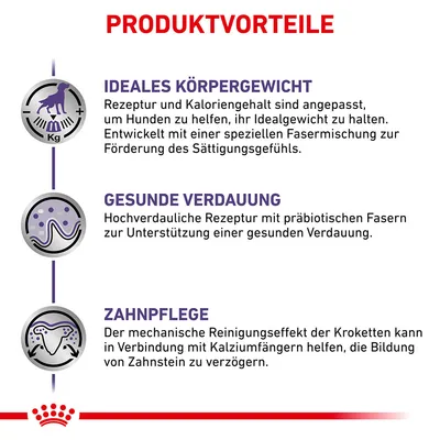 Produktvorteile: Ideales Körpergewicht durch angepasste Rezeptur und Kaloriengehalt. Gesunde Verdauung mit hochverdaulichen Fasern. Zahnpflege durch mechanischen Reinigungseffekt der Kroketten.