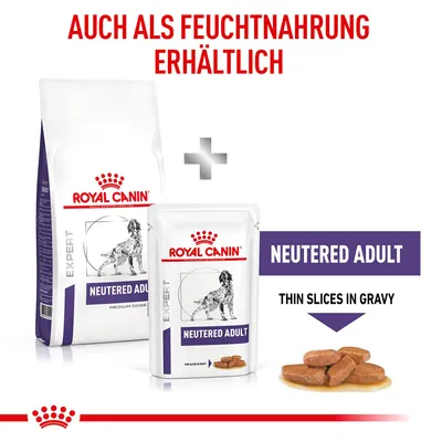 Royal Canin Expert Neutered Adult pour chiens, croquettes et sachet humide. Texte visible : NEUTERED ADULT, THIN SLICES IN GRAVY. Texte allemand : AUCH ALS FEUCHTNAHRUNG ERHÄLTLICH.