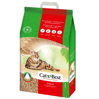 Cat's Best Original mačji pijesak od biljnih vlakana, europski br. 1, grudajući i kapsulirajući, s prirodnom zaštitom od mirisa, pakiranje prikazuje mačku i detalje proizvoda.