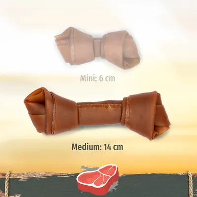 Δύο κόκαλα μάσησης σε σχήμα κόμπου, μεγέθη Mini: 6 cm και Medium: 14 cm, με ετικέτες διαστάσεων πάνω στην εικόνα.