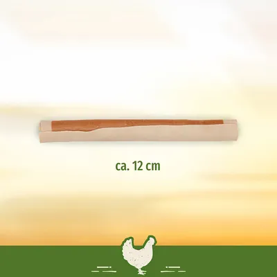 Snack de frango, cerca de 12 cm de comprimento, com design natural e símbolo de frango na parte inferior da imagem.
