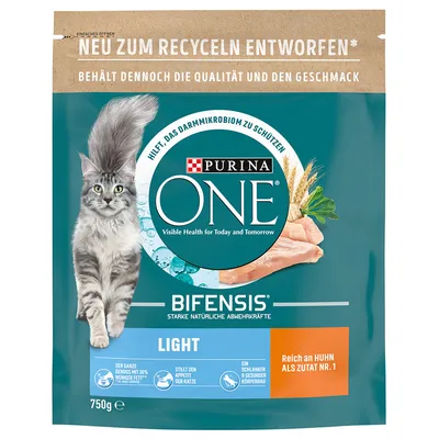 Pachet hrană pentru pisici Purina ONE Bifensis Light, 750g, cu imagine de pisică, text vizibil: 'Reich an Huhn als Zutat Nr. 1', 'Light', 'Bifensis', instrucțiuni și informații în germană.