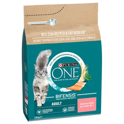 Purina ONE Bifensis hrană pentru pisici adulte, bogată în somon ca ingredient principal, susține vitalitatea și microbiomul intestinal, pachet de 2,8 kg cu închidere proaspătă.