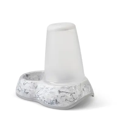 Futter- und Wasserspender aus Kunststoff mit marmoriertem Design, bestehend aus einem transparenten Behälter und einer Schale.