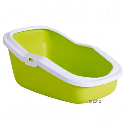 Open kattenbak van groen plastic met witte rand, verhoogde achterkant en verlaagde instap aan de voorkant. Geen merknaam of extra tekst zichtbaar.