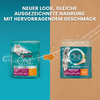Purina ONE Bifensis Urinary Care cat food. New look, same excellent food with great taste. Newly designed for recycling.