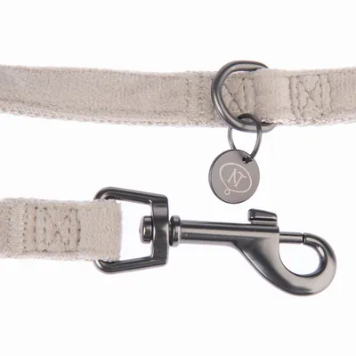 Hellgraues Hundehalsband mit Metallring, Karabinerhaken und rundem Anhänger mit eingraviertem Logo.