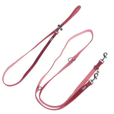Rode hondenriem met verstelbare lengte, twee karabijnhaken en metalen ringen voor flexibel gebruik.