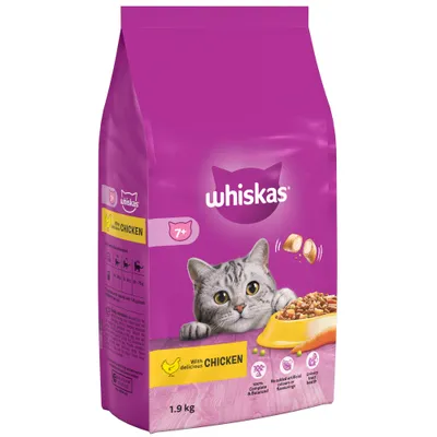 1.9kg pack with text: with delicious chicken, 100% complete and balanced, no added artificial colours or flavours, urinary tract health, suitable for 7+.
