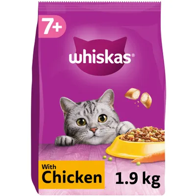 Whiskas 7+ with chicken, 1.9 kg pack, showing food pieces and a bowl of dry food.