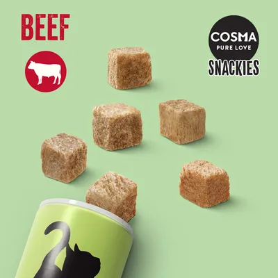 Cosma Pure Love Snackies, gefriergetrocknete Rindfleischwürfel. Verpackung mit Katzenmotiv auf grünem Hintergrund.