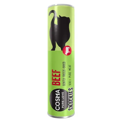 COSMA PURE LOVE SNACKIES BEEF, GENTLY FREEZE-DRIED, 100% PURE MEAT. Grøn tube med sort kattegrafik og rød tekst.