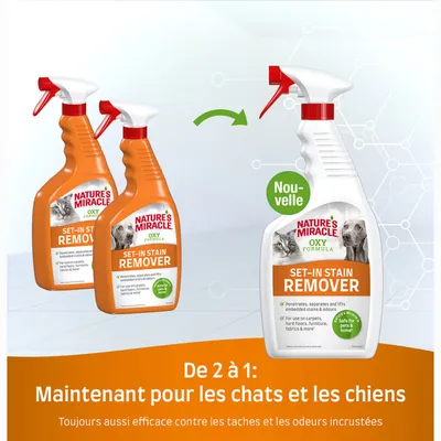 Nature's Miracle Oxy Formula Détachant pour taches incrustées, nouveau packaging pour chats et chiens. Texte : Désormais pour chats et chiens, toujours aussi efficace contre les taches et les odeurs.