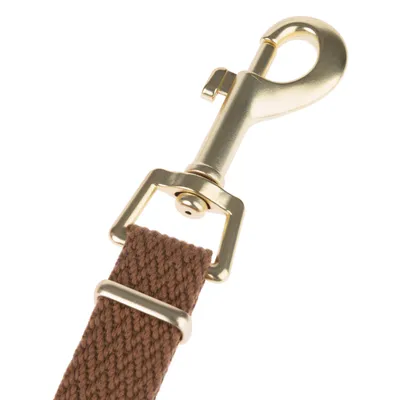 Mousqueton en métal doré fixé à une sangle tissée marron, détail visible de l’attache et du matériau.