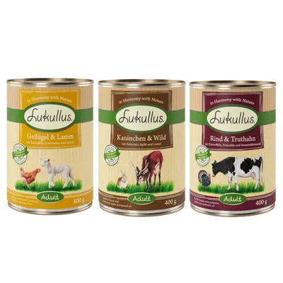 Trois boîtes de nourriture pour chien Lukullus Adult 400 g : Geflügel & Lamm, Kaninchen & Wild, Rind & Truthahn. Textes en allemand visibles sur les étiquettes.