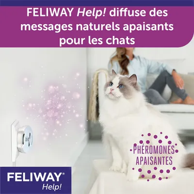 FELIWAY Help! diffuse des messages naturels apaisants pour les chats. Texte visible : PHÉROMONES APAISANTES, FELIWAY Help!