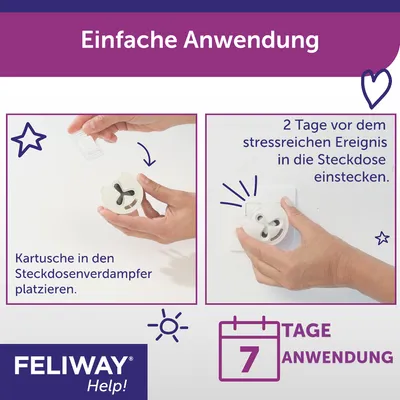 Anleitung zur Anwendung des Feliway Steckdosenverdampfers: Kartusche einsetzen und 2 Tage vor stressreichen Ereignissen in die Steckdose stecken. Wirkung für 7 Tage.