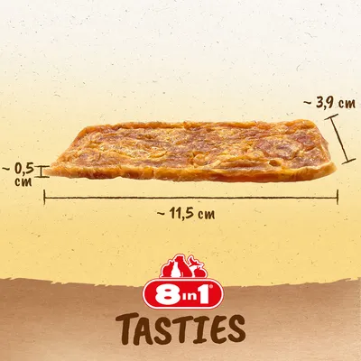 Friandise 8in1 Tasties, dimensions visibles : environ 11,5 cm de long, 3,9 cm de large, 0,5 cm d’épaisseur. Marque et nom du produit affichés : 8in1 Tasties.