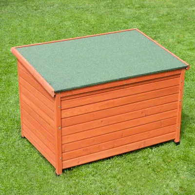 Wooden outdoor box with a sloped green roof, placed on grass. Shows the product’s size, shape and construction for storage or shelter use.