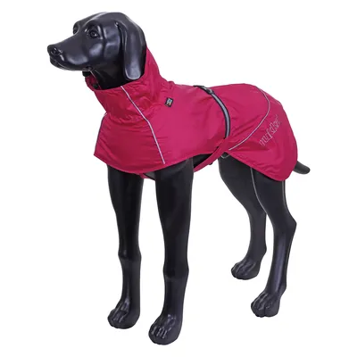 Manteau imperméable rose pour chien, porté par un mannequin canin noir. Marque visible : Trixie. Fermeture à sangle et passepoil réfléchissant visibles.