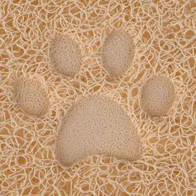 Surface en plastique beige avec motif de patte d’animal en relief, composée de fils entrelacés visibles.