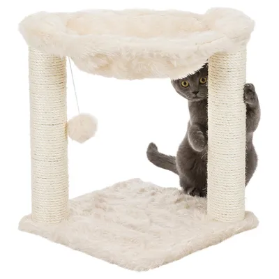 Cat tree with two sisal posts, plush lying surface and play ball. Grey cat climbing a post.