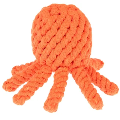 Brinquedo em forma de polvo feito de corda grossa laranja, com oito tentáculos visíveis. Material têxtil entrançado.