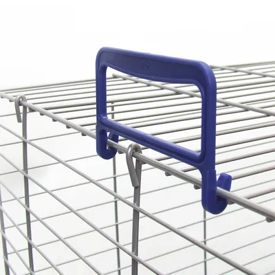 Blue plastic handle on a metal wire cage, attached with hooks. Suitable for easy carrying or opening of the cage.