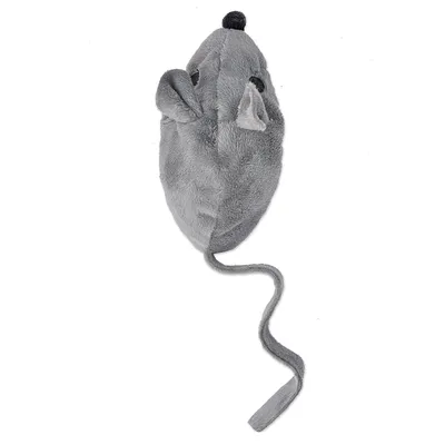 Jouet en forme de souris grise en peluche avec oreilles, yeux noirs et longue queue visible. Matière textile douce.