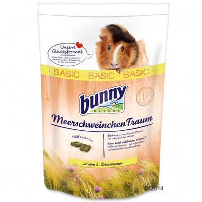 Emballage Bunny Nature MeerschweinchenTraum BASIC, photo de cochon d’Inde, texte allemand, dès le 5e mois, mention de 42 plantes et vitamine C stabilisée, format TriMello visible.
