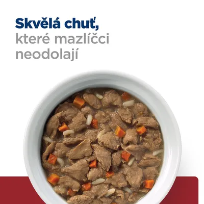 Miska s masovými kousky, mrkví a rýží v omáčce. Text: Skvělá chuť, které mazlíčci neodolají.