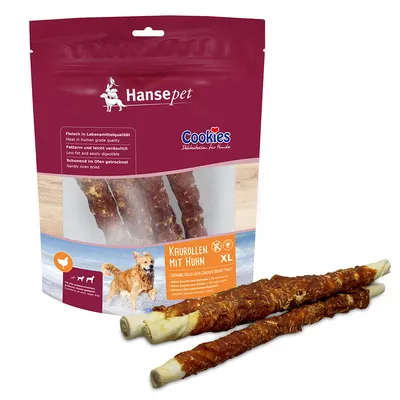 Hansepet Cookies Kaurollen mit Huhn XL, rulouri de mestecat cu piept de pui pentru câini. Ambalaj resigilabil, 3 bucăți vizibile. Text: low-fat, easily digestible, gently oven dried.