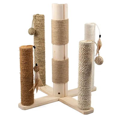 Cat tree made of wood with four sisal posts in different colours, two play balls with feathers attached.