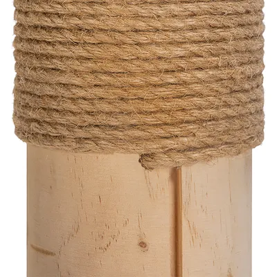 Scratching post made of wood, wrapped with durable sisal rope for claw care.