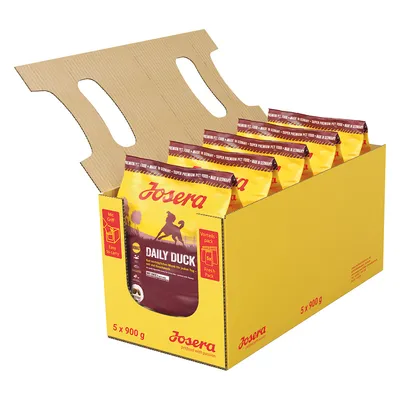 Carton de 5 sachets Josera Daily Duck 900 g, mention 'easy to carry', 'fresh pack', 'super premium pet food – made in Germany' visible sur l'emballage.