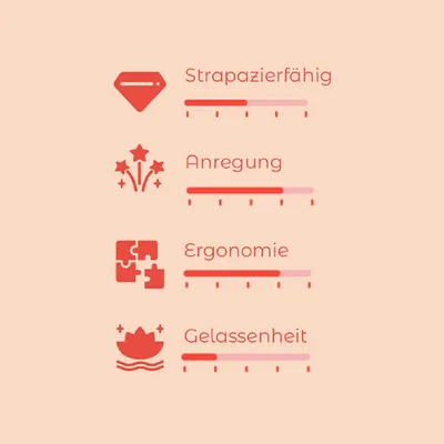 Échelle d’évaluation avec 4 critères en allemand : Strapazierfähig, Anregung, Ergonomie, Gelassenheit. Barres de progression visibles pour chaque critère.