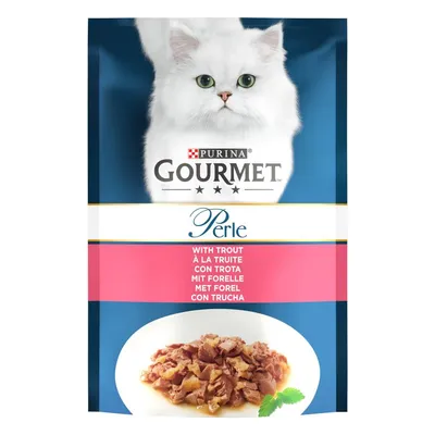 Purina Gourmet Perle корм для кошек с форелью, изображение измельчённой рыбы на тарелке. На упаковке изображён белый персидский кот.