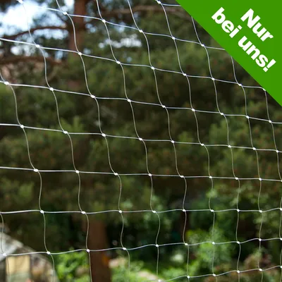Schutznetz mit quadratischer Maschenstruktur, im Hintergrund Bäume. Oben rechts grünes Feld mit Text: Nur bei uns!