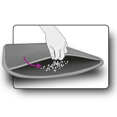 Illustration of a mat with two layers that catches cat litter. Hand lifts top layer to remove litter.