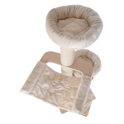 Multi-level beige scratching post with two round padded beds and a hammock, designed for climbing, resting, and scratching.