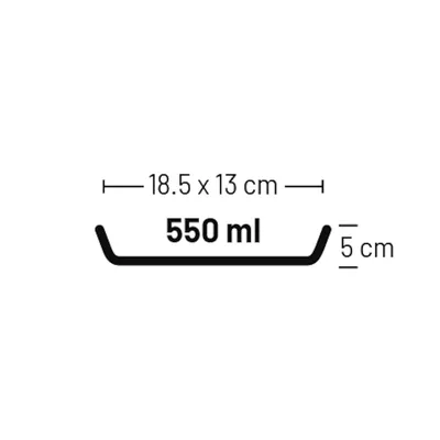 Dimensiuni și capacitate: 18,5 x 13 cm, înălțime 5 cm, volum 550 ml.